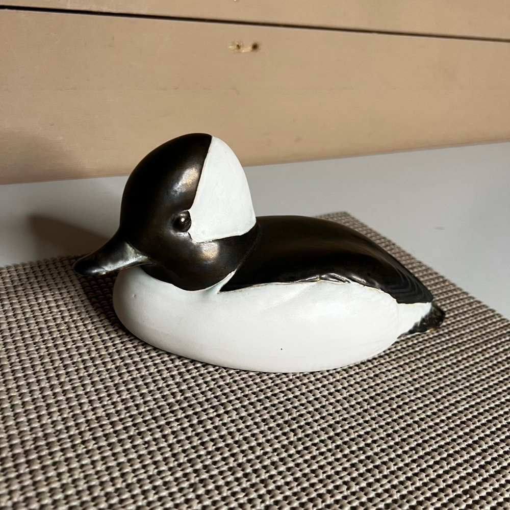 Vintage Ceramic Bufflehead Duck Decoy Figurine Hand Painted Black White 8.5 Inch